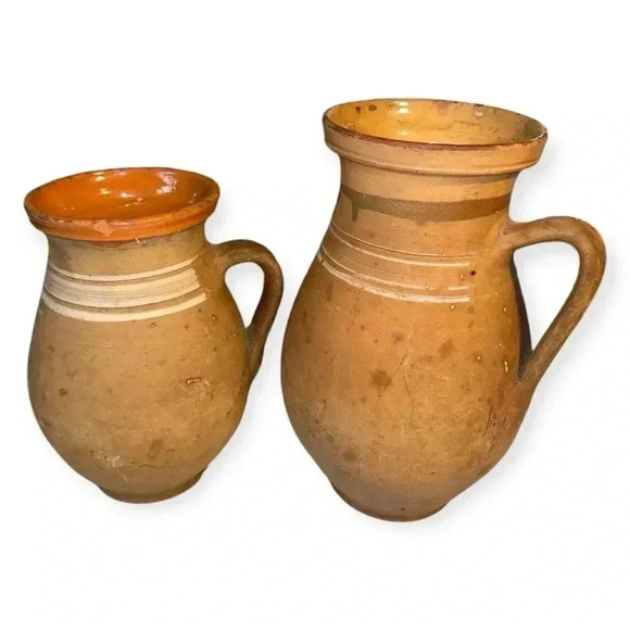 Vintage terracotta Clay Jugs with Handles - Rustic Handmade Pottery Set of 2 - Picture 1 of 11